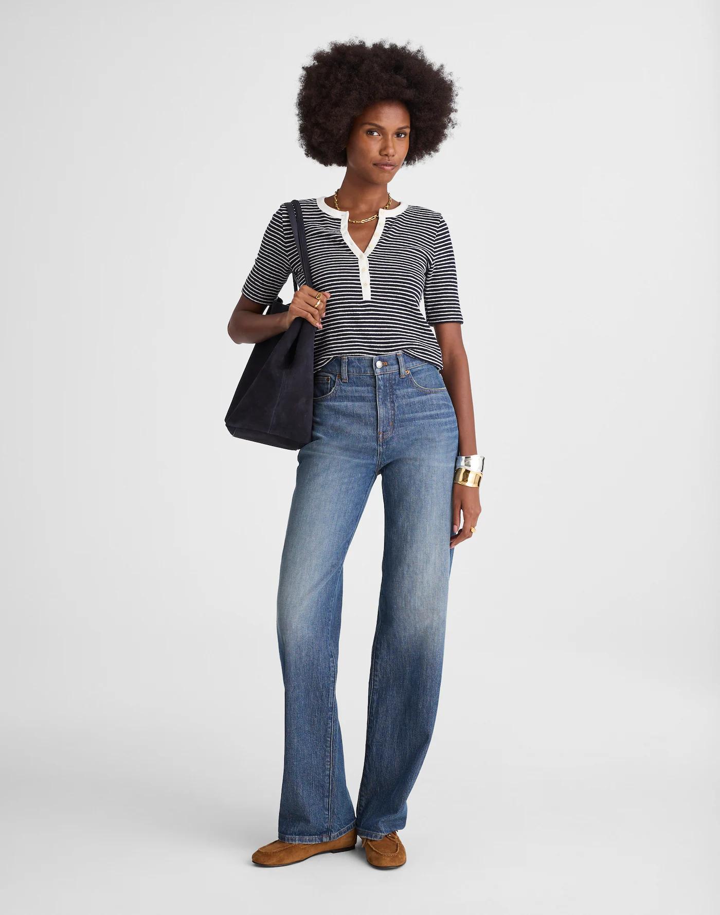 Striped Elbow-Sleeve Henley Tee Product Image