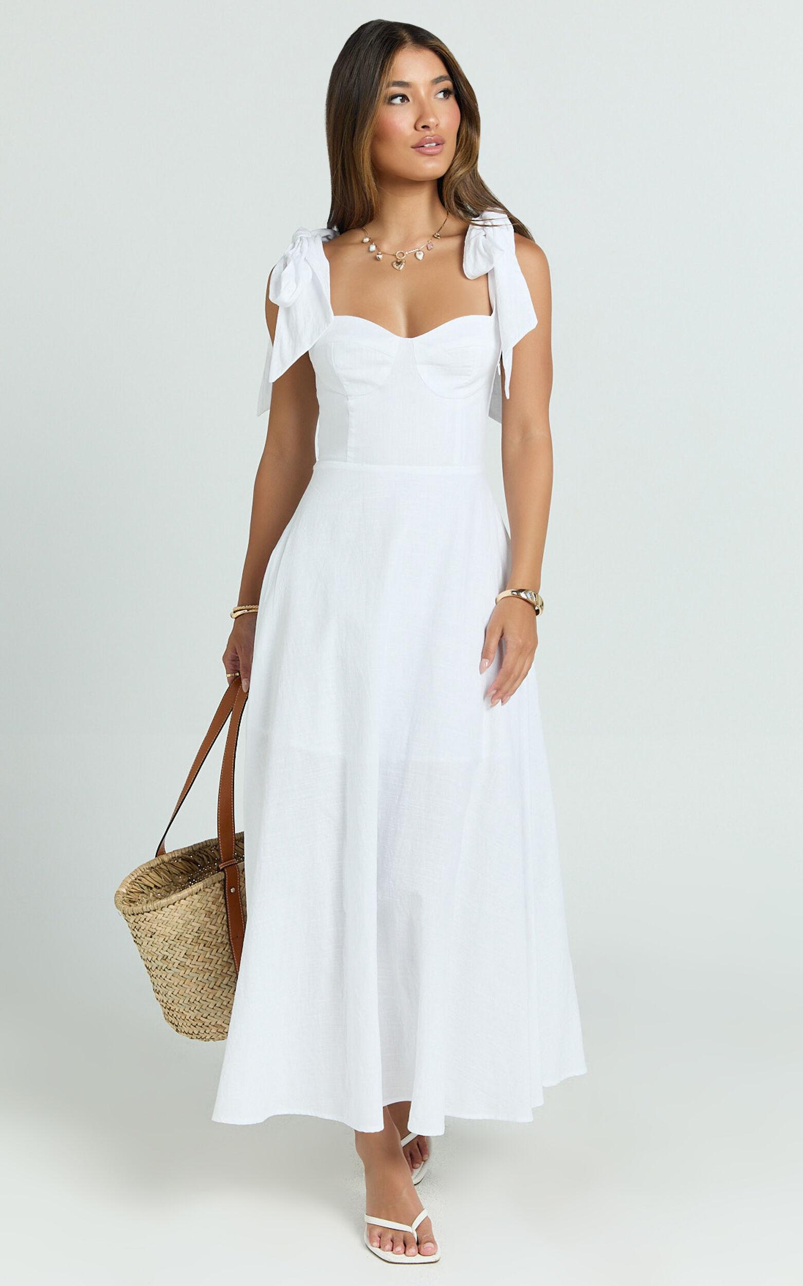 Tymia Midi Dress - Shoulder Tie Bustier Shirred Back A Line in White Product Image