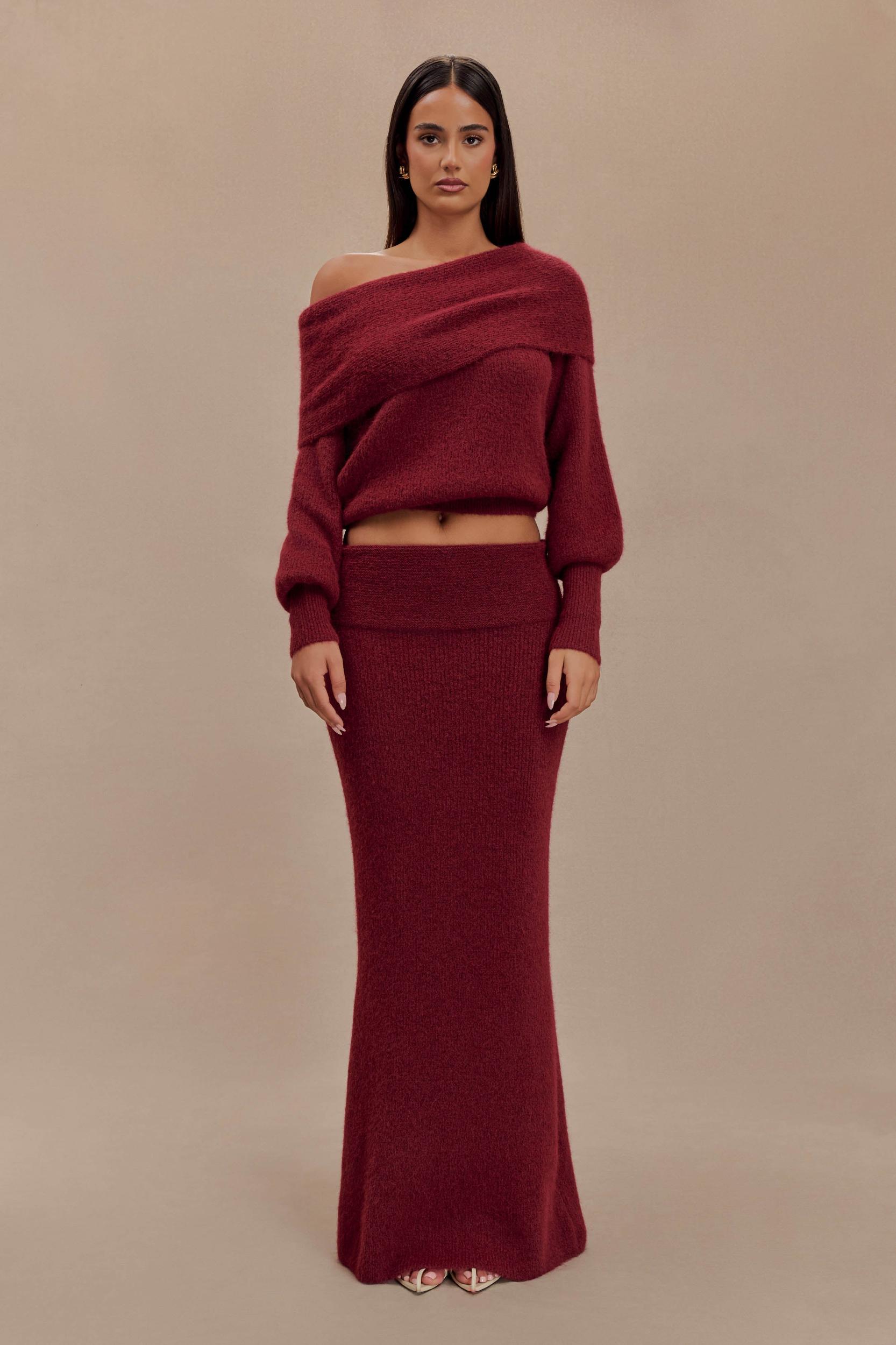 Charlotte Knit Maxi Skirt With Overlay - Merlot Product Image