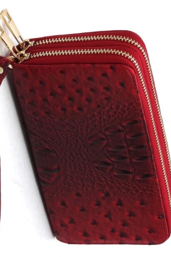 Ostrich Croc Double Zip Wallet Wristlet in Red Product Image