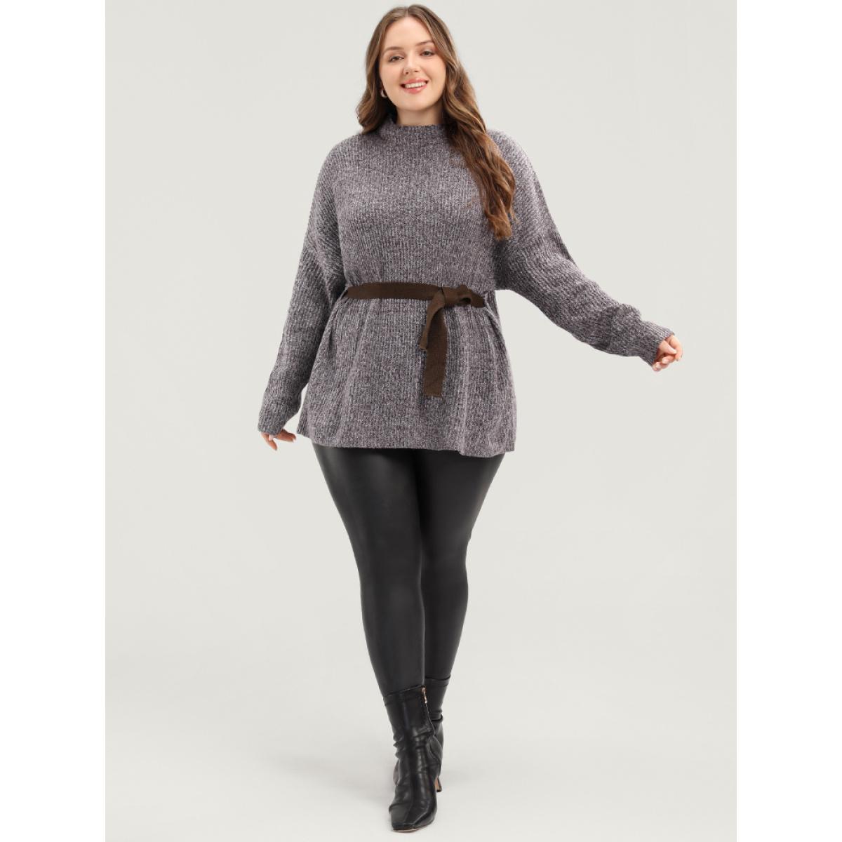 Plus Size Solid Pointelle Knit Mock Neck Belted Heather Knit Top Brown Women Casual Long Sleeve Mock Neck Dailywear Pullovers BloomChic 28/5X Product Image