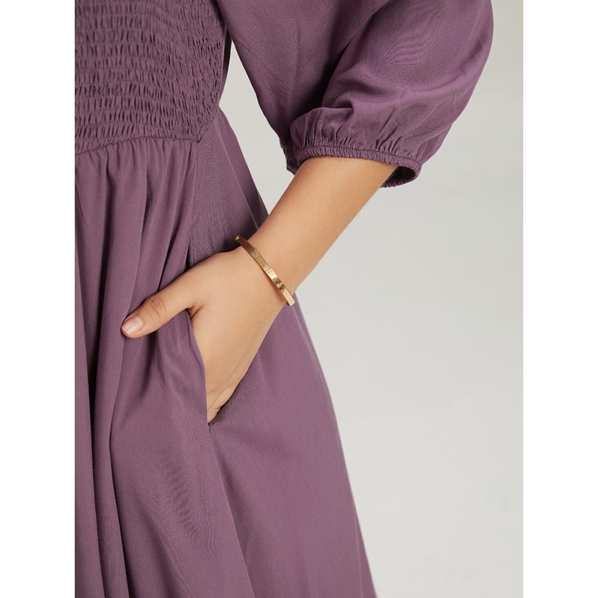 Plus Size Plain Shirred Square Neck Elastic Cuffs Dress Mauve Women Elegant Elastic cuffs Square Neck Elbow-length sleeve Curvy Midi Dress BloomChic 18-20/2X Product Image