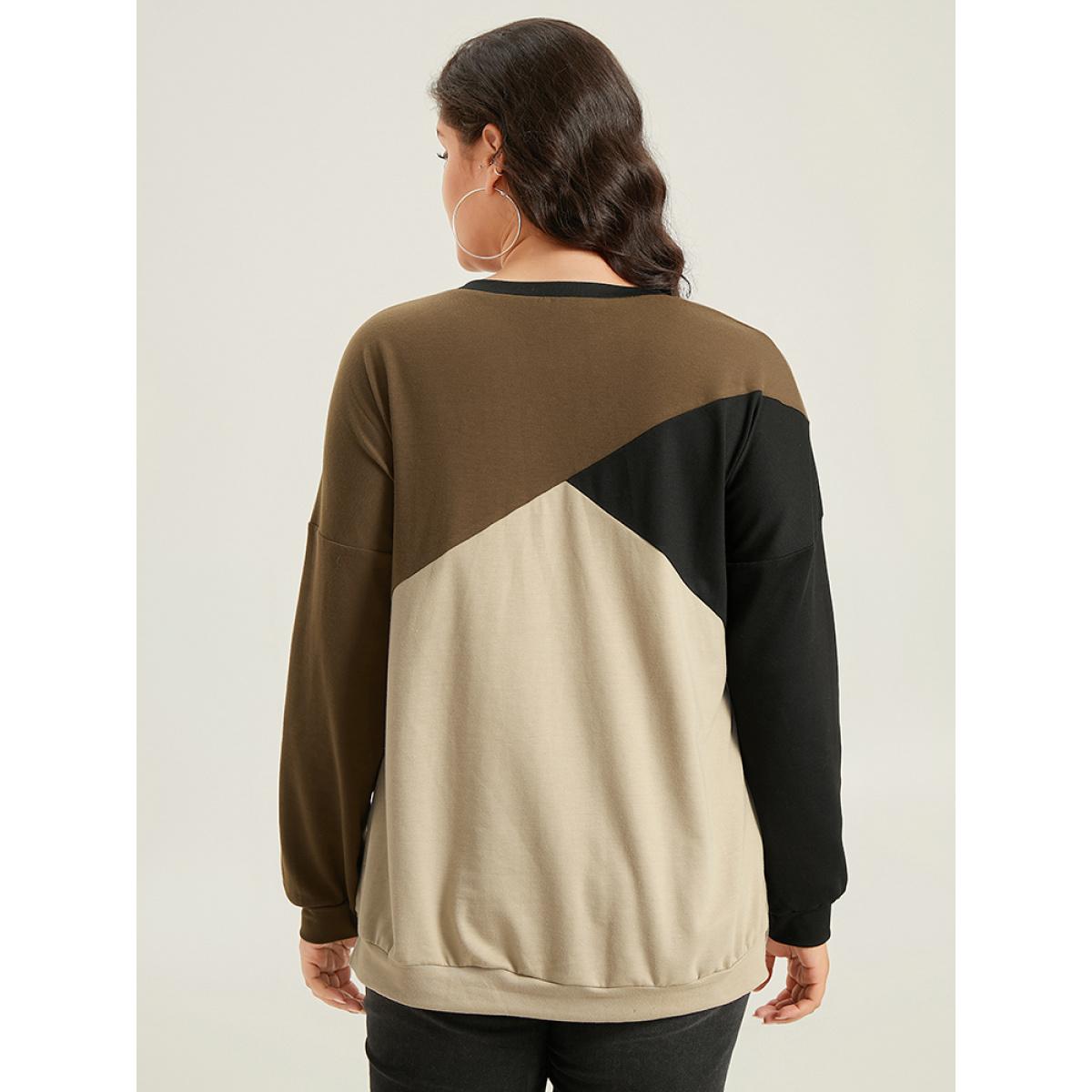 Plus Size Colorblock Patchwork Drop Shoulder Sweatshirt Women DarkBrown Casual Elastic cuffs Round Neck Dailywear Sweatshirts BloomChic 30/6X Product Image