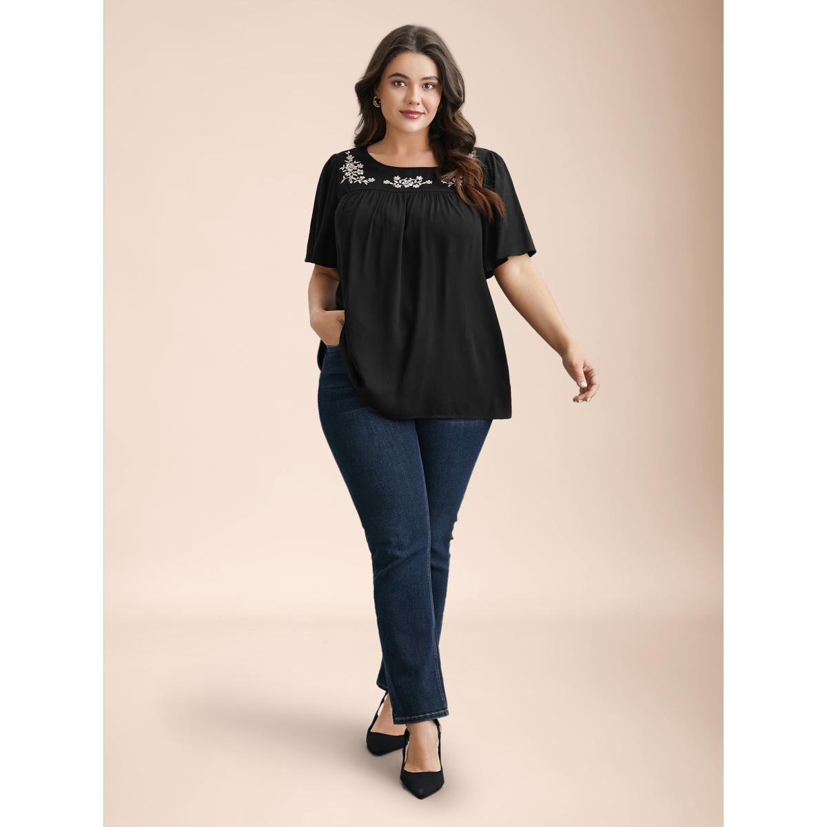 Plus Size Black Floral Embroidery Pleated Front Blouse Women Elegant Short sleeve Round Neck Everyday Blouses BloomChic 18-20/2X Product Image