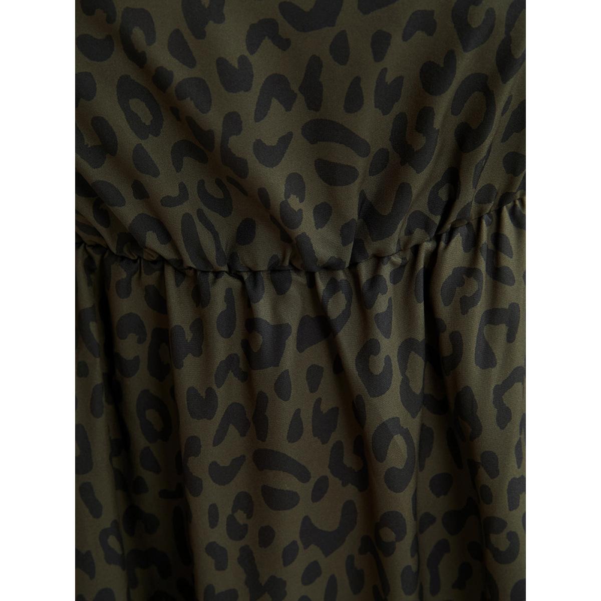 Plus Size Leopard Print Square Neck Pocket Puff Sleeve Midi Dress ArmyGreen Women Elegant Square Neck Long Sleeve Curvy Midi Dress BloomChic 18-20/2X Product Image