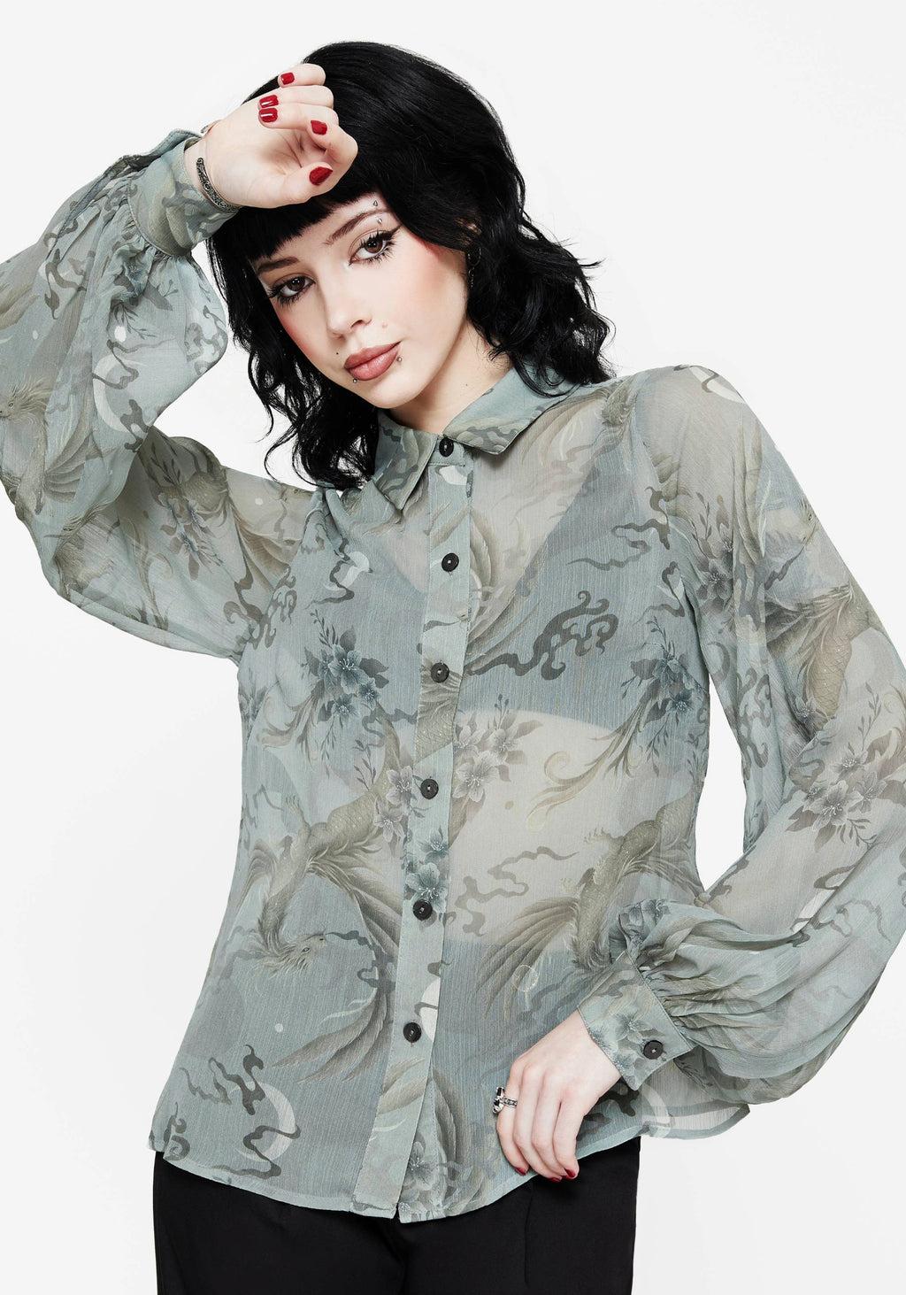 Sapphira Dragon Print Button Up Shirt Product Image