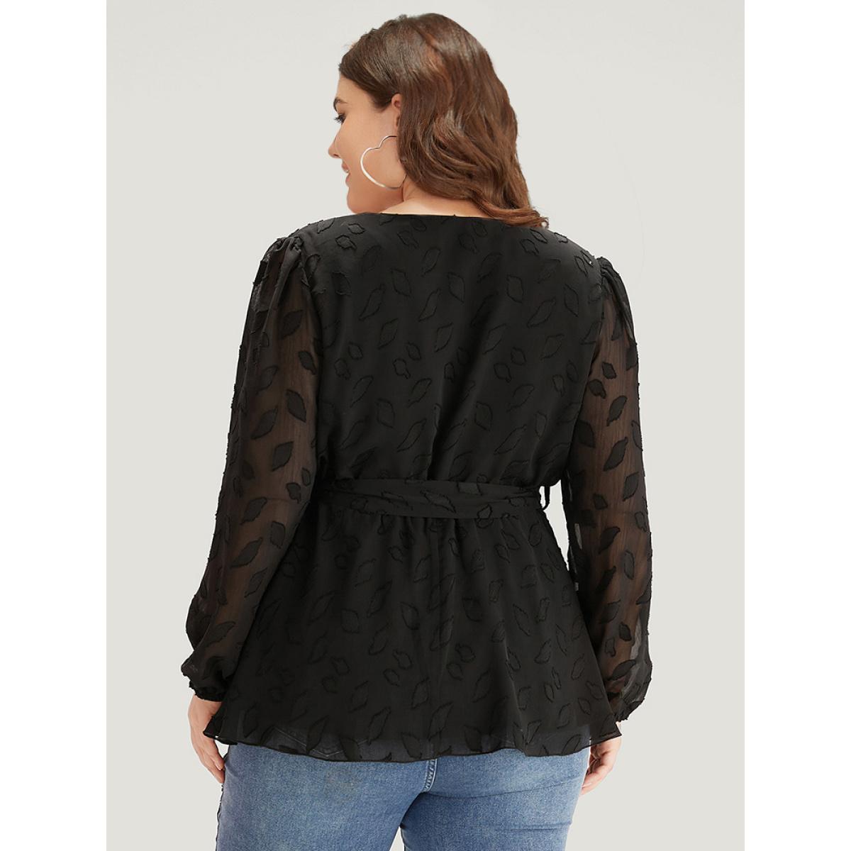 Plus Size Black Crochet Mesh Belted Gathered Wrap Lantern Sleeve Blouse Women Elegant Long Sleeve V-neck Dailywear Blouses BloomChic 22-24/3X Product Image