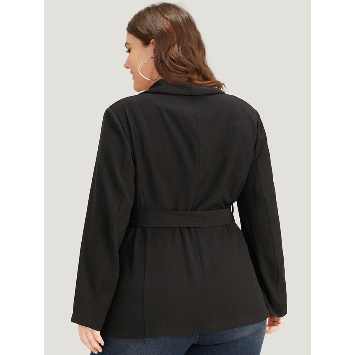 Plus Size Plain Ties Pocket Belted Lapel Collar Blazer Black Women Office Plain Plain Sleeve Long Sleeve Lapel Collar 26/4X Pocket Belt Workwear Essentials Blazers BloomChic Product Image