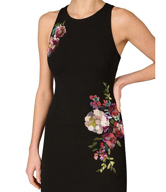 Aidan Mattox Round Neck Sleeveless Beaded Floral Crepe Sheath Dress Product Image