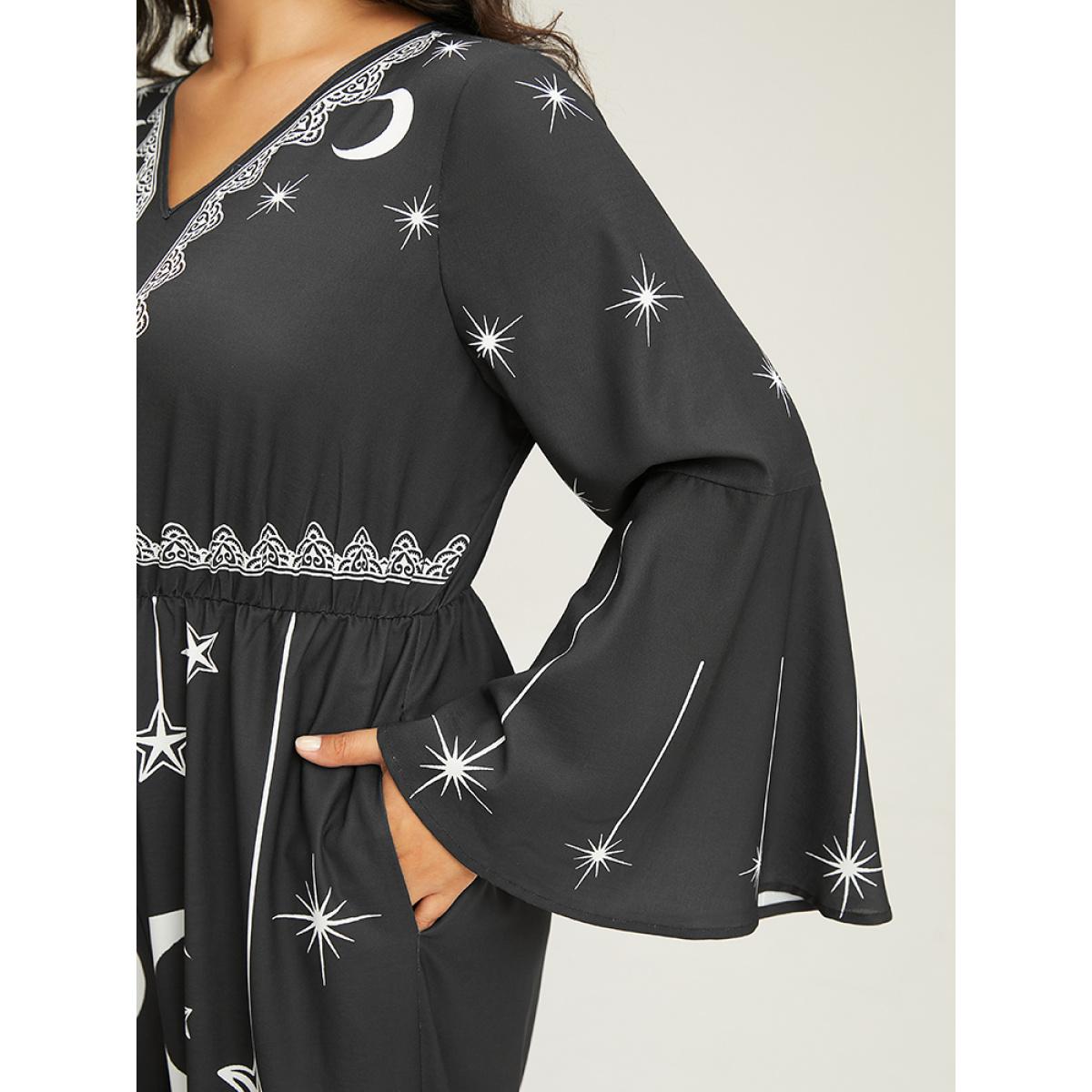 Plus Size Black Halloween Moon & Star Elastic Waist Bell Sleeve Jumpsuit Women Casual Long Sleeve V-neck Festival-Halloween Loose Jumpsuits BloomChic 18-20/2X Product Image