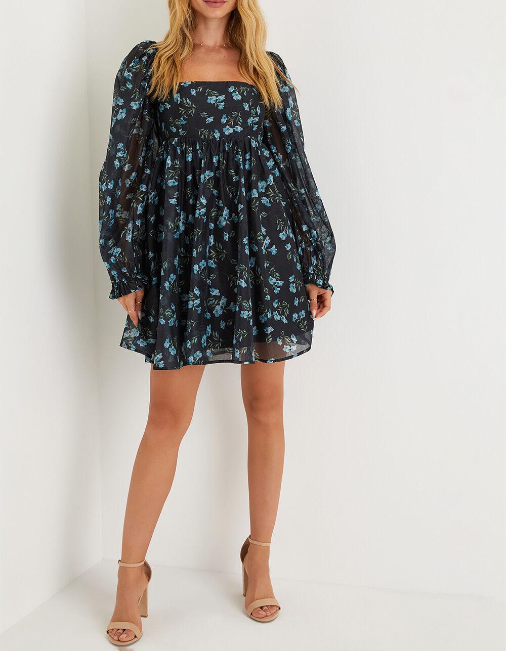 LULUS Floral Womens Babydoll Dress - BLUE COMBO Product Image