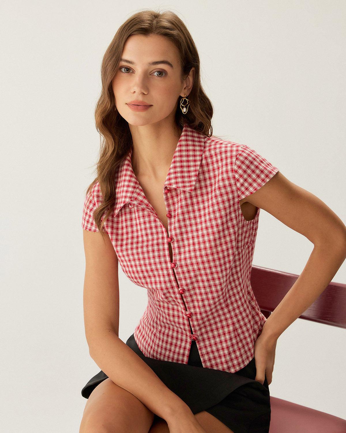 Red Plaid Cap Sleeve Button Blouse Product Image