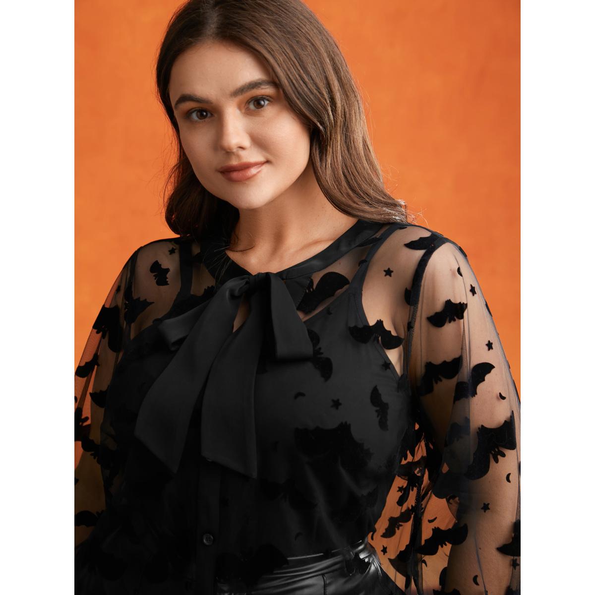 Plus Size Black Bats & Bows Ribbon Collar Blouse Women Elegant Long Sleeve Ribbon-tied collar Everyday Blouses BloomChic 28/5X Product Image