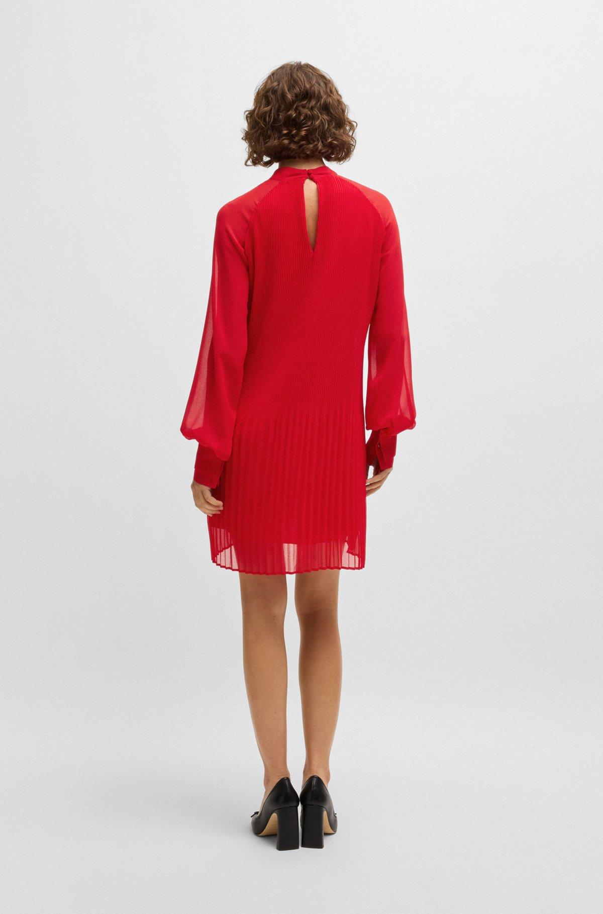 High-neck dress with plissé pleats and sheer sleeves Product Image