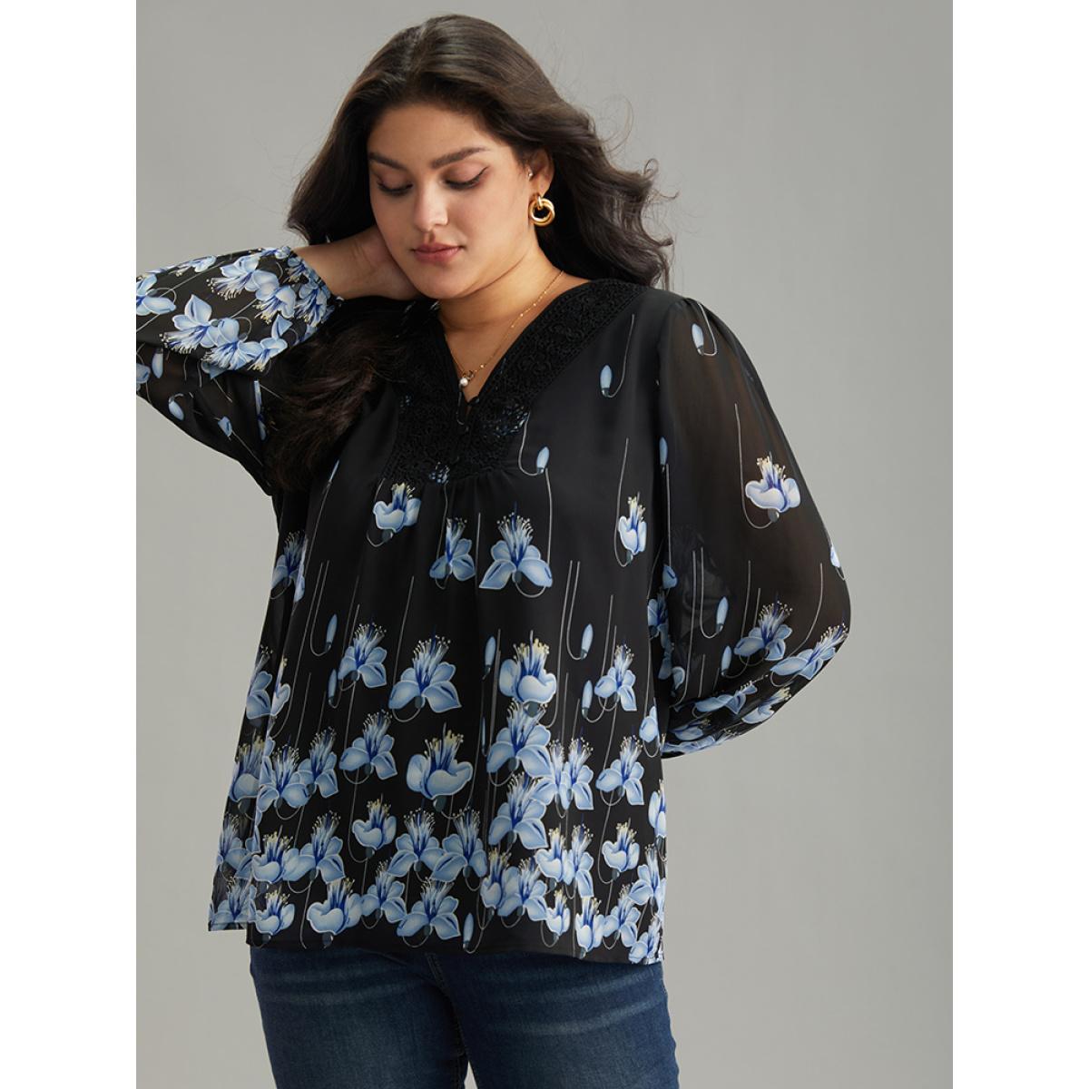 Plus Size BlackFlower Boho Print Lace Patchwork Mesh Button Up Blouse Women Elegant Long Sleeve V-neck Dailywear Blouses BloomChic 10/M Product Image