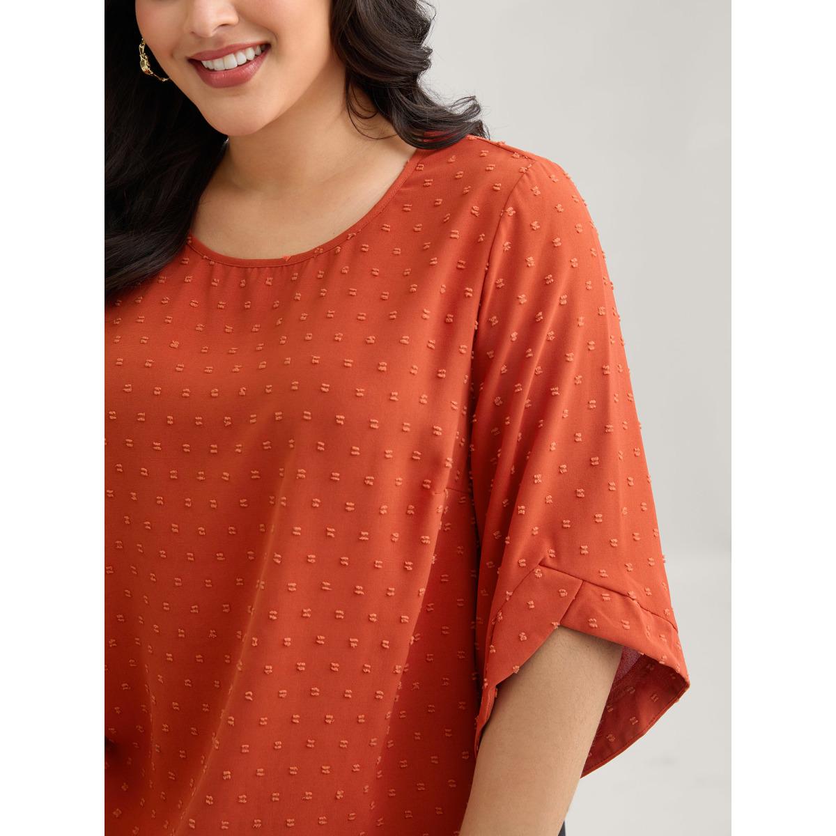 Plus Size OrangeRed Textured Round Neck Bell Sleeve Blouse Women Timeless Elbow-length sleeve Round Neck Elegant Blouses BloomChic 30/6X Product Image