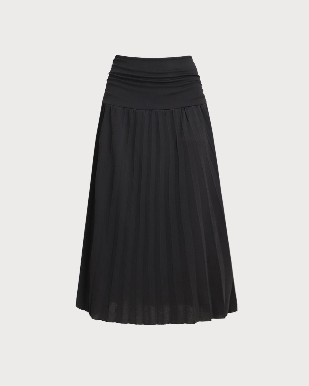 Black Elastic Waist Pleated Midi Skirt Product Image