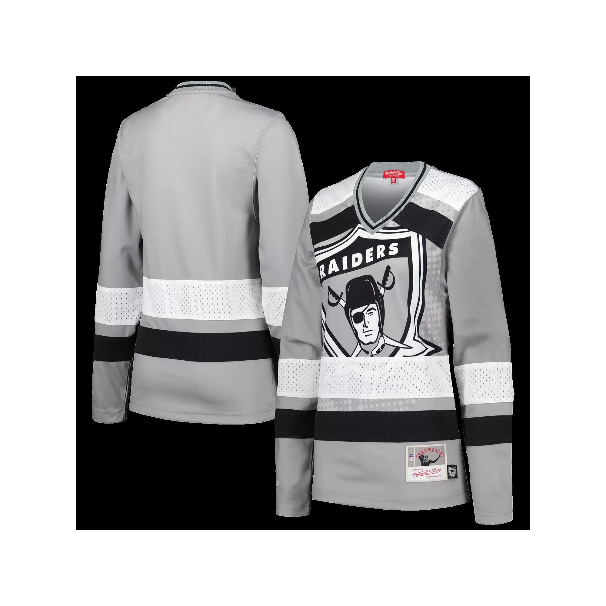 Women's Mitchell & Ness Silver Las Vegas Raiders Big Face 7.0 Long Sleeve Jersey T-Shirt,  Product Image