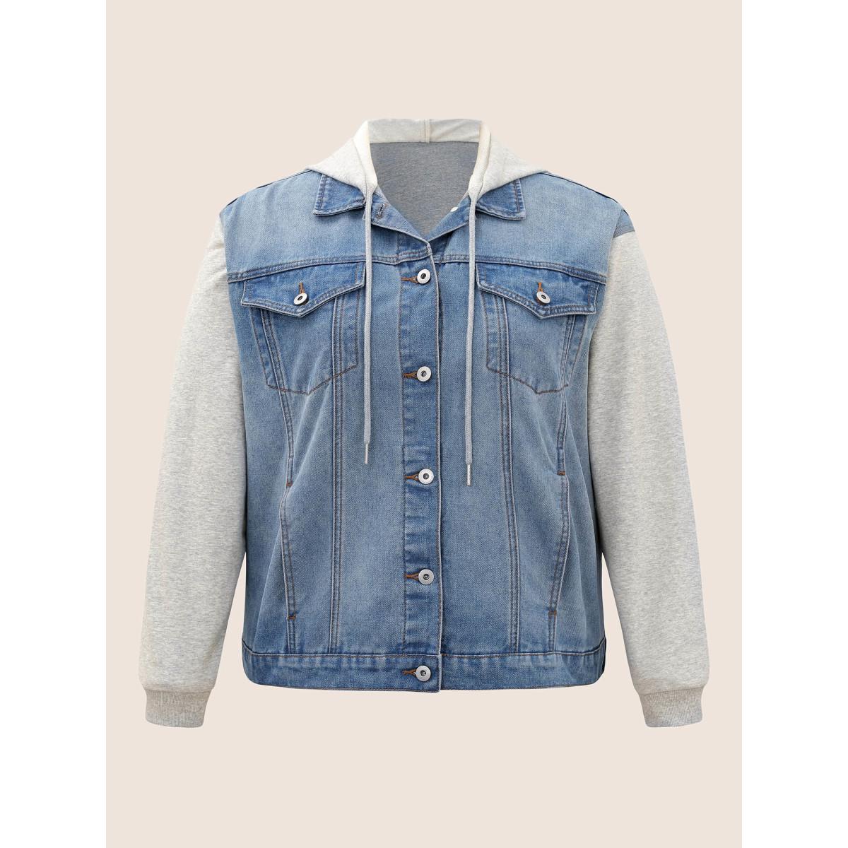 Women Hooded Patchwork Flap Pocket Denim Jacket Stone Plus Size Plain Contrast Casual Slanted pocket Leisure Denim Jackets BloomChic 28/5X Product Image