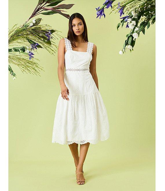 Donna Morgan Eyelet Square Neck Sleeve Lace Trim Blouson Midi Dress Product Image