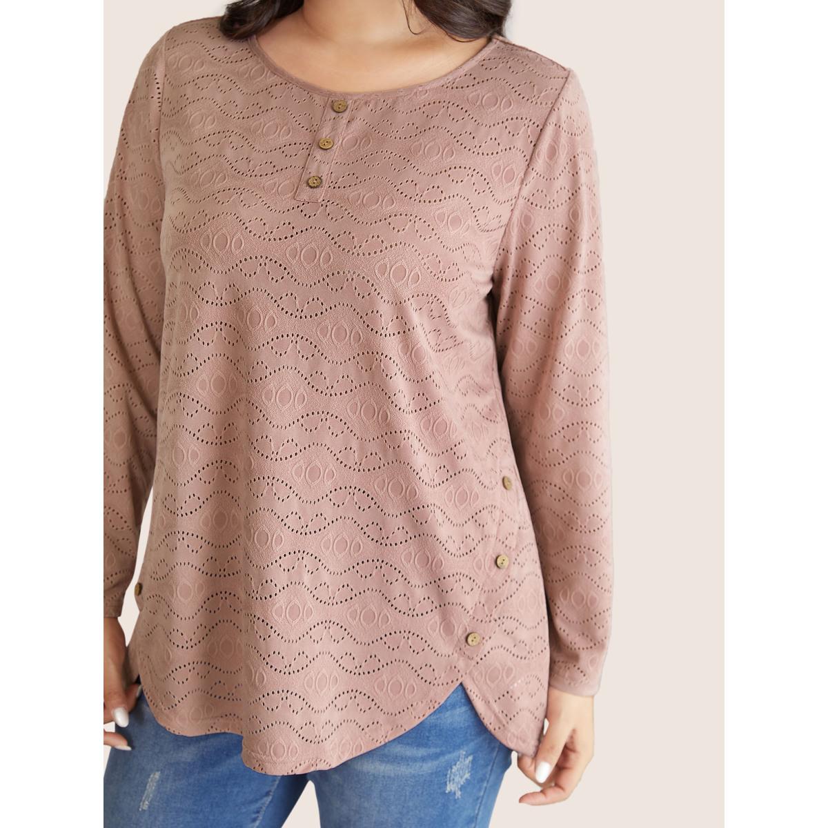 Plus Size Broderie Anglaise Button Detail Arc Hem T-shirt DustyPink Women Casual Texture Plain Round Neck Dailywear T-shirts BloomChic 14-16/1X Product Image