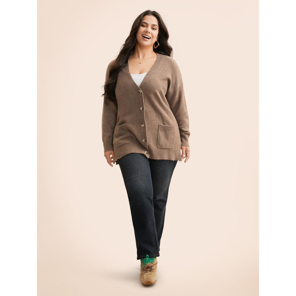 Plus Size Airy Cozy V Neck Cardigan Tan Women Basics Loose Long Sleeve Everyday Cardigans BloomChic 26/4X Product Image