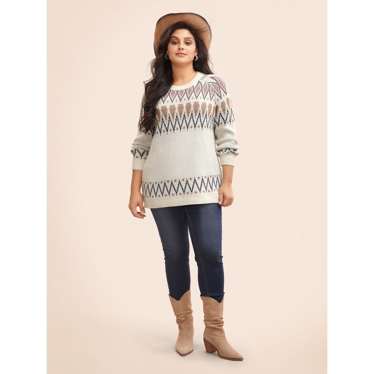 Plus Size Fair Isle Jacquard Crew Neck Pullover Beige Women Casual Long Sleeve Round Neck Everyday Pullovers BloomChic 18-20/2X Product Image