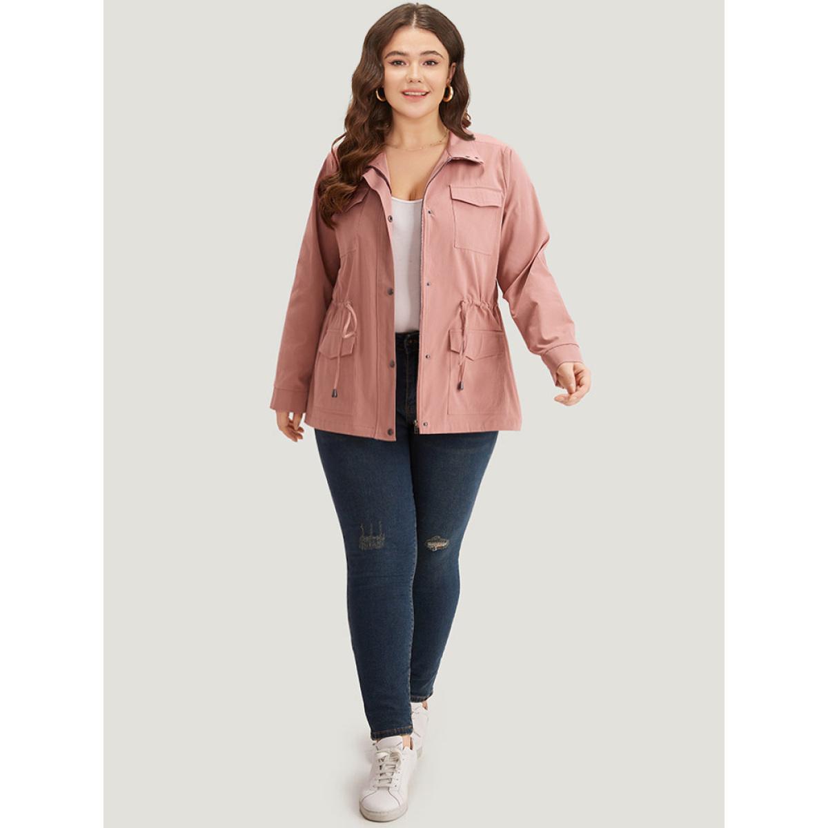 Plus Size Plain Pocket Button Through Drawstring Zipper Coat Women Rouge Plain Pocket Dailywear Jackets BloomChic 28/5X Product Image