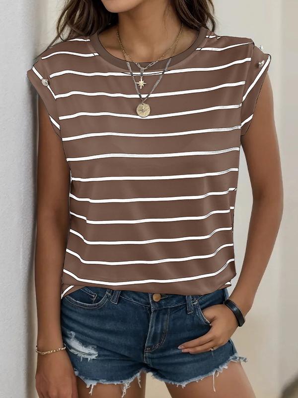Loose Short Sleeves Split-Joint Striped Round-Neck T-Shirts Product Image