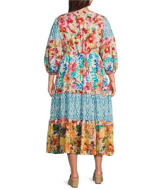 Calessa Plus Size Patchwork Floral V-Neck 3/4 Sleeve A-Line Tiered Midi Dress Product Image