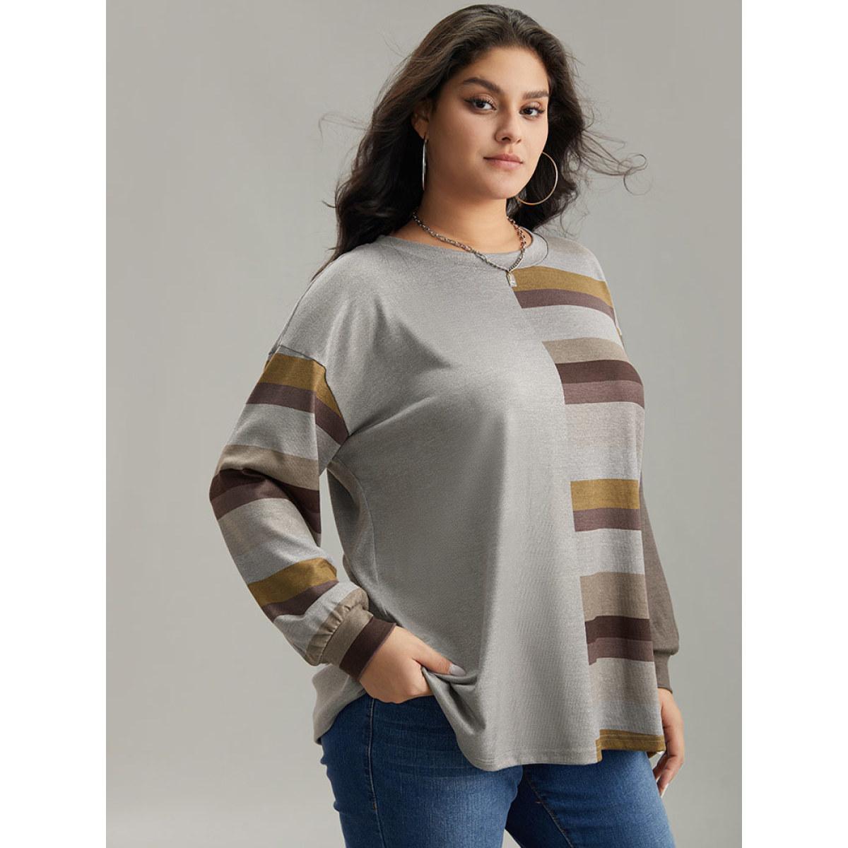 Plus Size Striped Patchwork Contrast Crew Neck Sweatshirt Women DimGray Casual Elastic cuffs Round Neck Dailywear Sweatshirts BloomChic 12/L Product Image