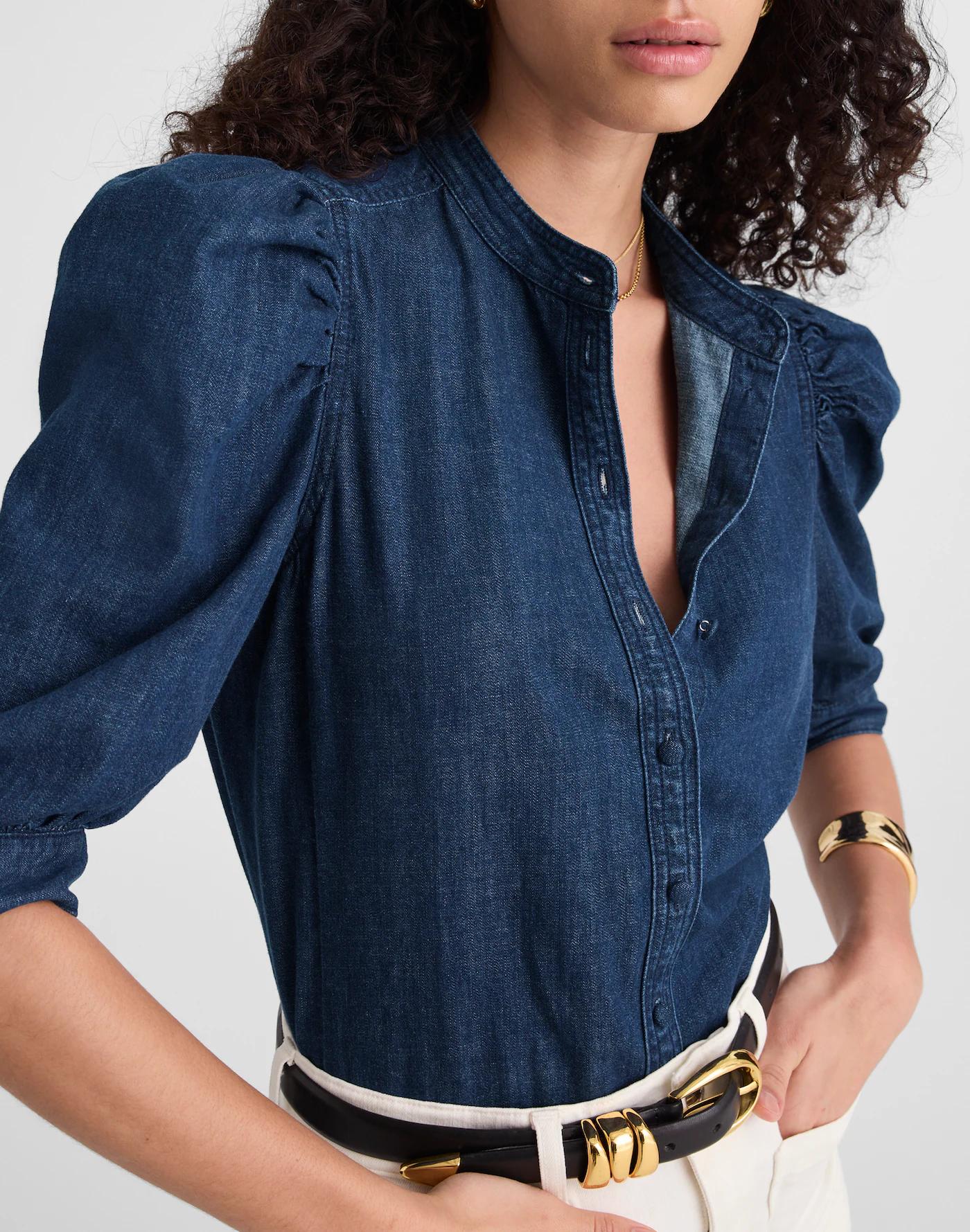 Denim Puff-Sleeve Band-Collar Shirt Product Image