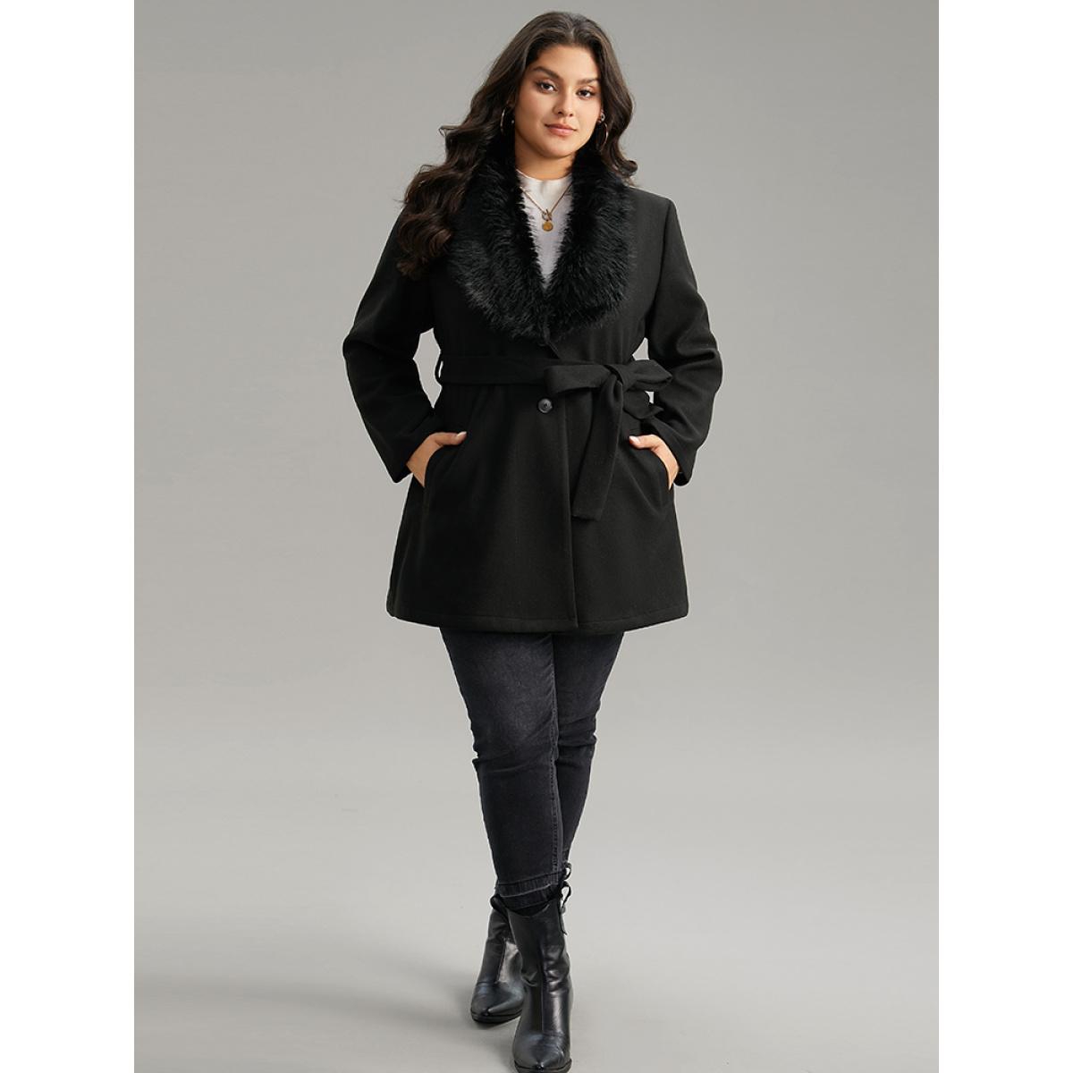 Plus Size Plain Fuzzy Trim Patchwork Belted Coat Women Black Casual Plain Ladies Dailywear Winter Coats BloomChic 22-24/3X Product Image