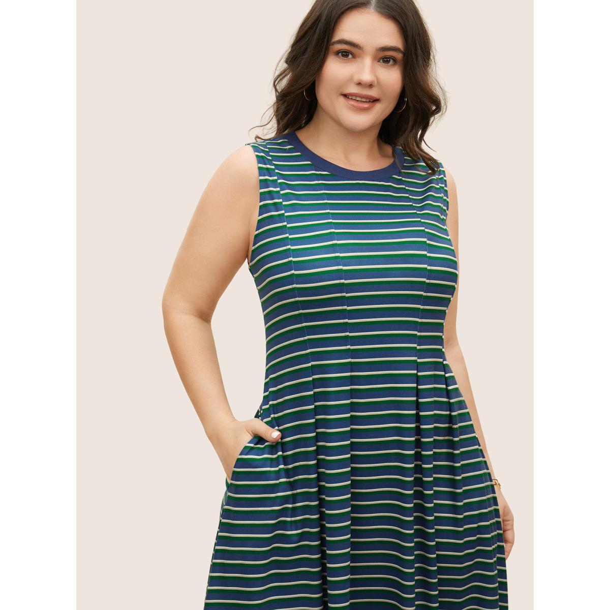 Plus Size Contrast Striped Pleated Pocket Tank Dress Mediumblue Women Casual Contrast Round Neck Sleeveless Curvy BloomChic 18-20/2X Product Image