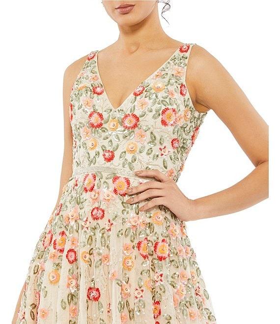 Mac Duggal Beaded V-Neck Sleeveless A-Line Midi Dress Product Image