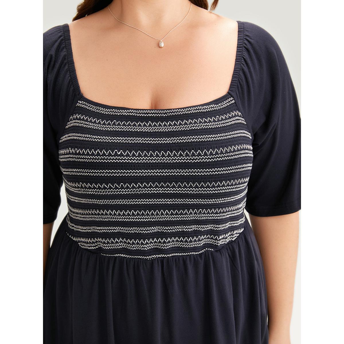 Plus Size Supersoft Essentials Striped Patchwork Pocket Gathered Square Neck Dress Indigo Women Casual Gathered Square Neck Short sleeve Curvy Midi Dress BloomChic 30/6X Product Image