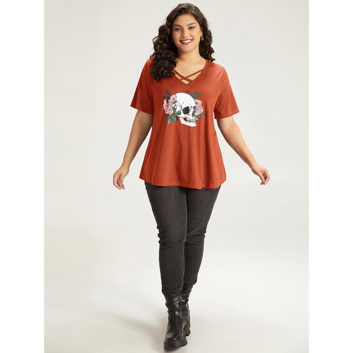 Plus Size Halloween Skull Print Crisscross V Neck T-shirt Chocolate Women Casual Printed Halloween Festival-Halloween T-shirts BloomChic 26/4X Product Image
