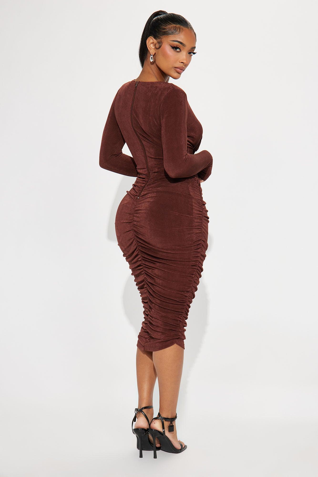 Fine Wine Ruched Midi Dress - Chocolate Product Image