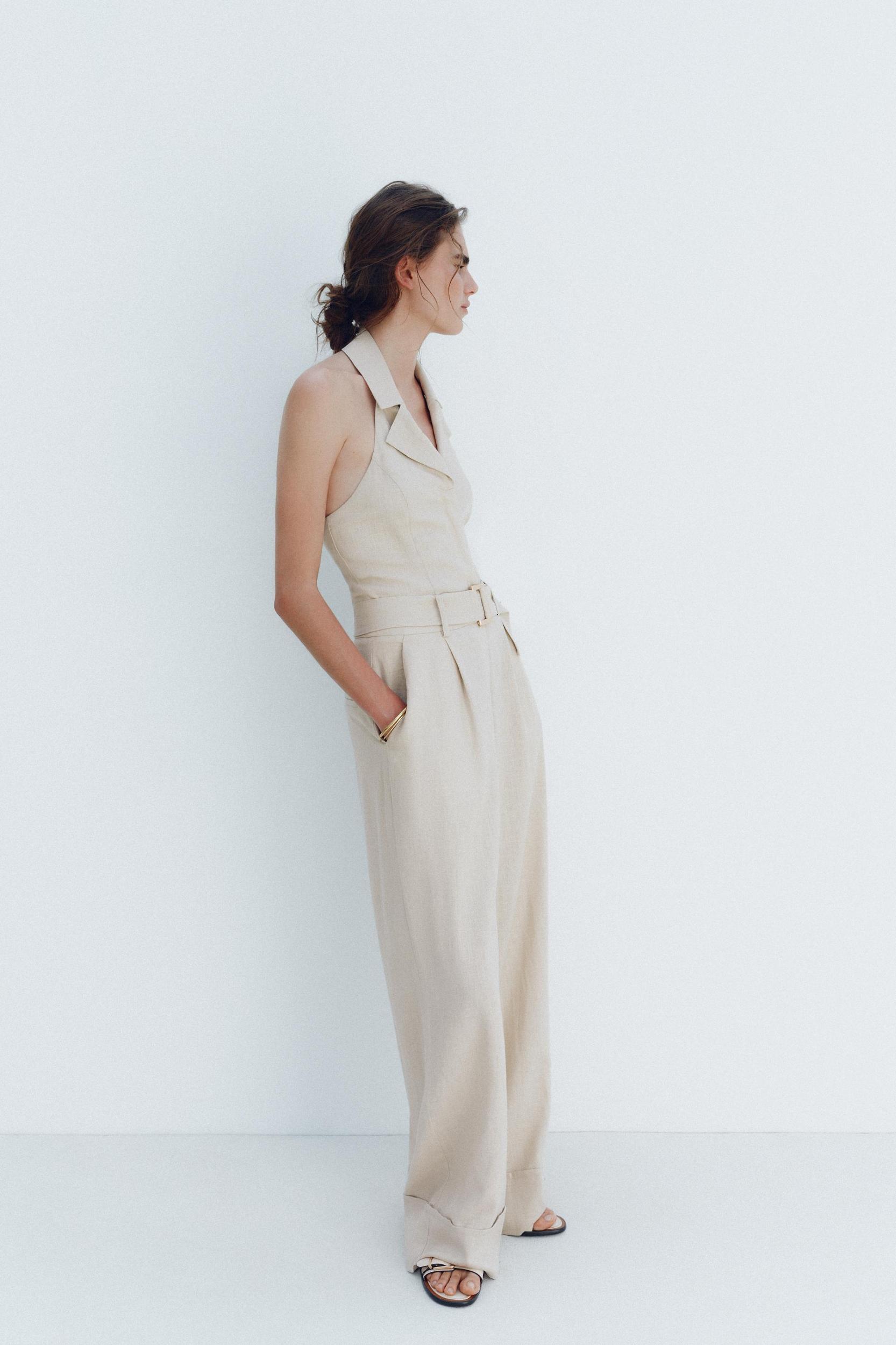 HALTER LINEN BELTED JUMPSUIT Product Image