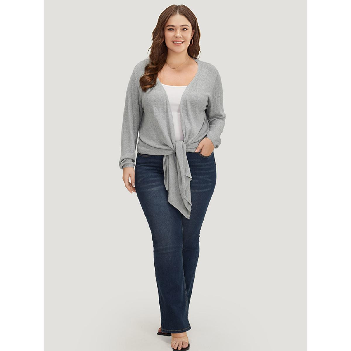 Plus Size Supersoft Essentials Plain Bowknot Front Supersoft Cardigan Gray Women Casual Loose Long Sleeve Everyday Cardigans BloomChic 12/L Product Image