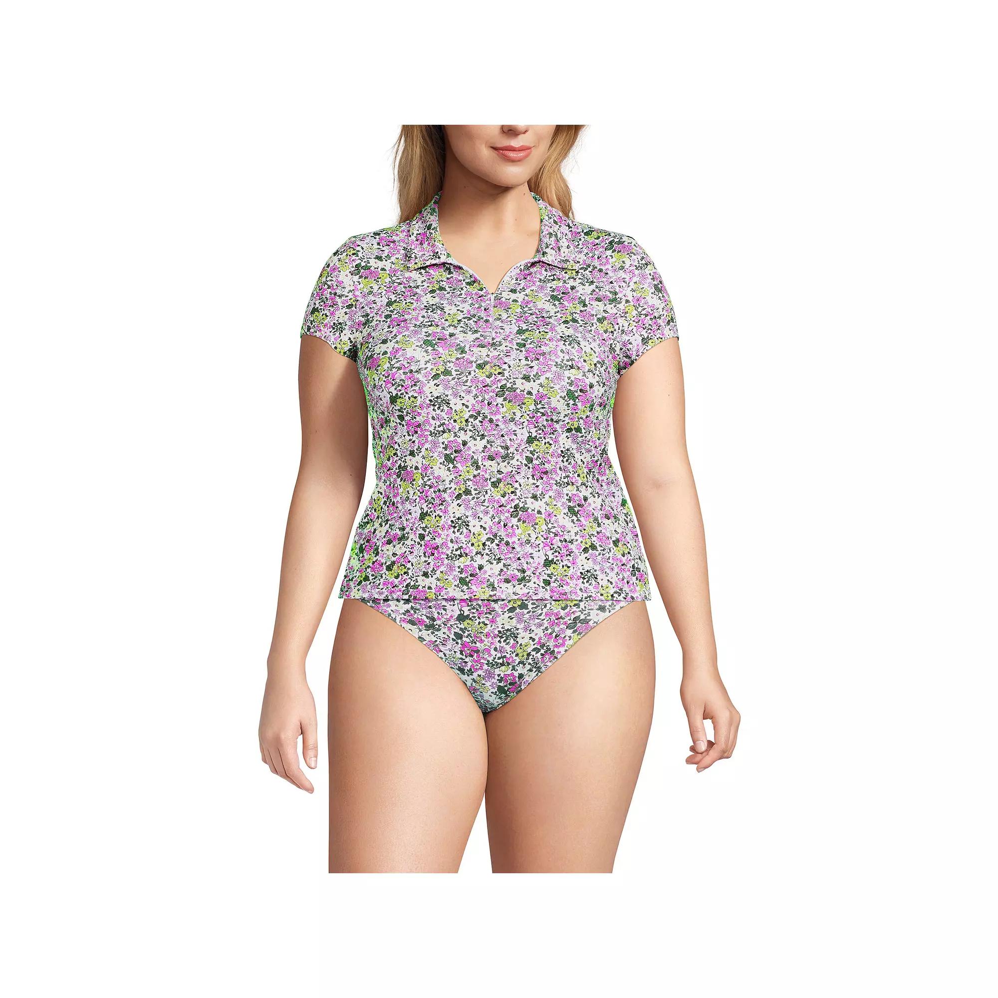 Plus Size Lands' End Short Sleeve Pique Johnny Collar Swim Top, Women's, Size: 2XL, Dusk Meadow Floral Product Image