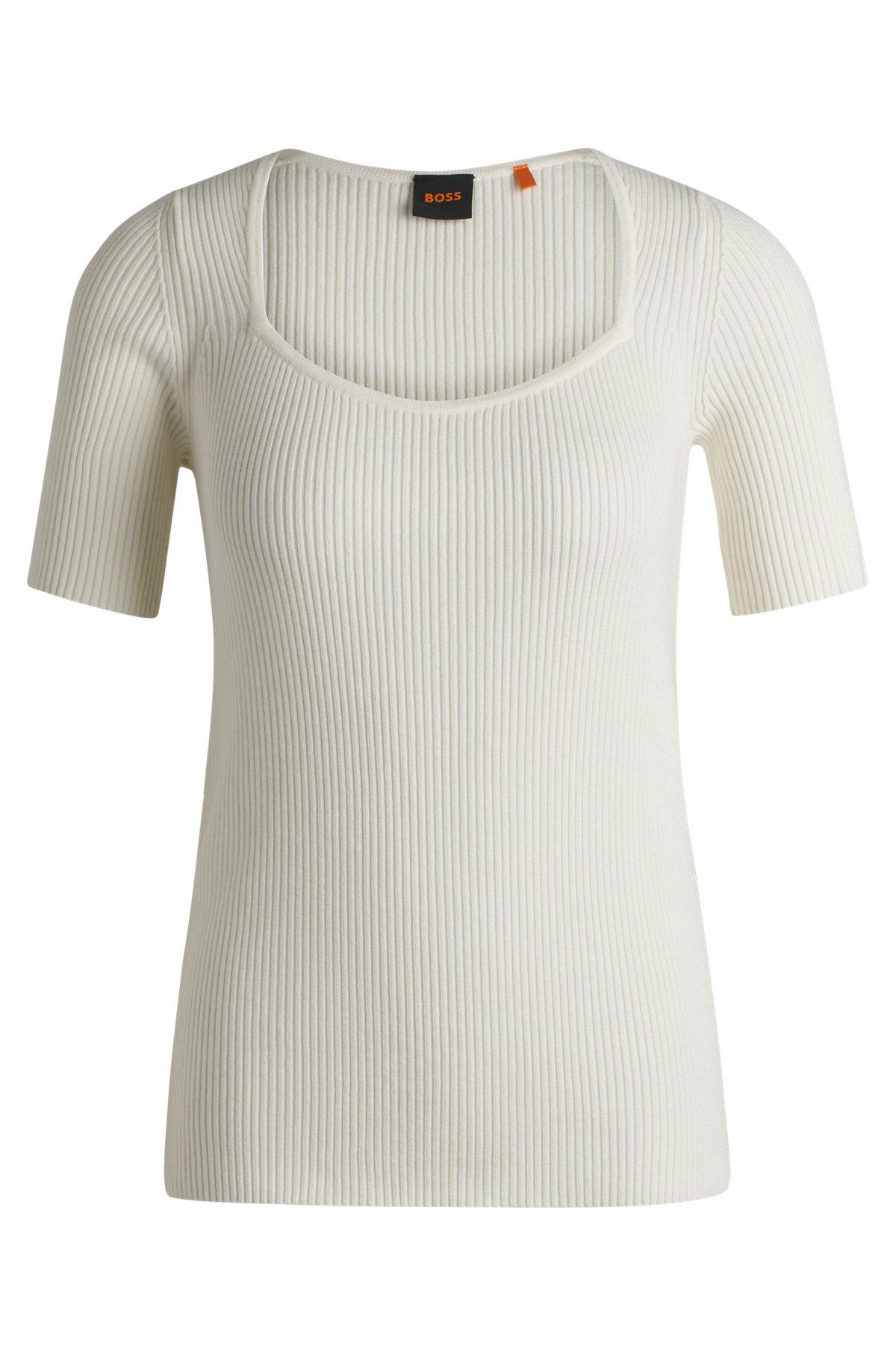 Square-neck short-sleeved sweater in ribbed stretch fabric Product Image