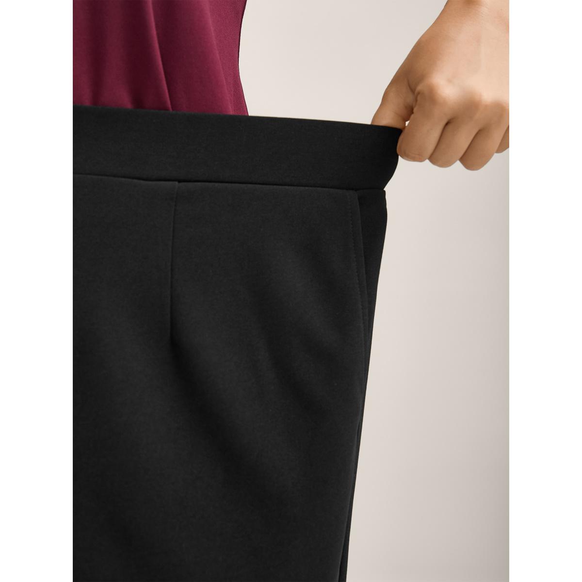 Plus Size Scalloped Hem Wide-Leg Solid Pants Women Black Office Wide Leg Mid Rise Office Pants BloomChic 12/L Product Image