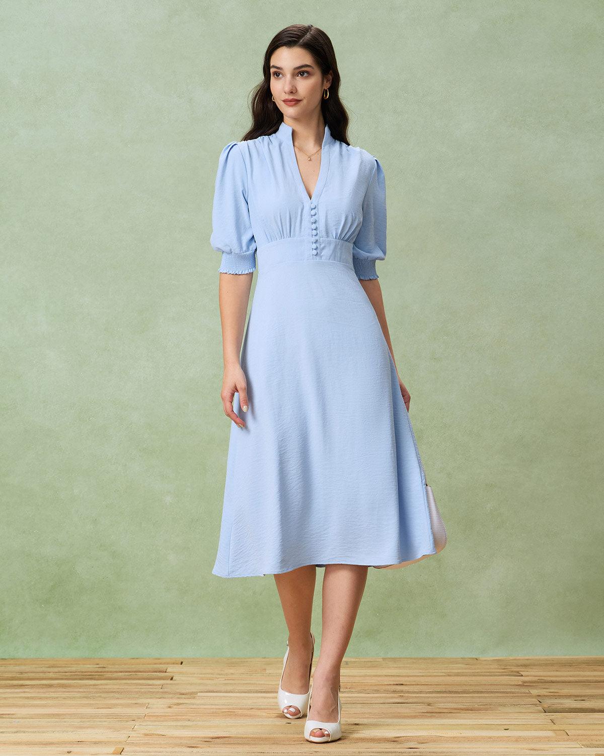 Blue Puffed Sleeve Pleated Midi Dress Product Image