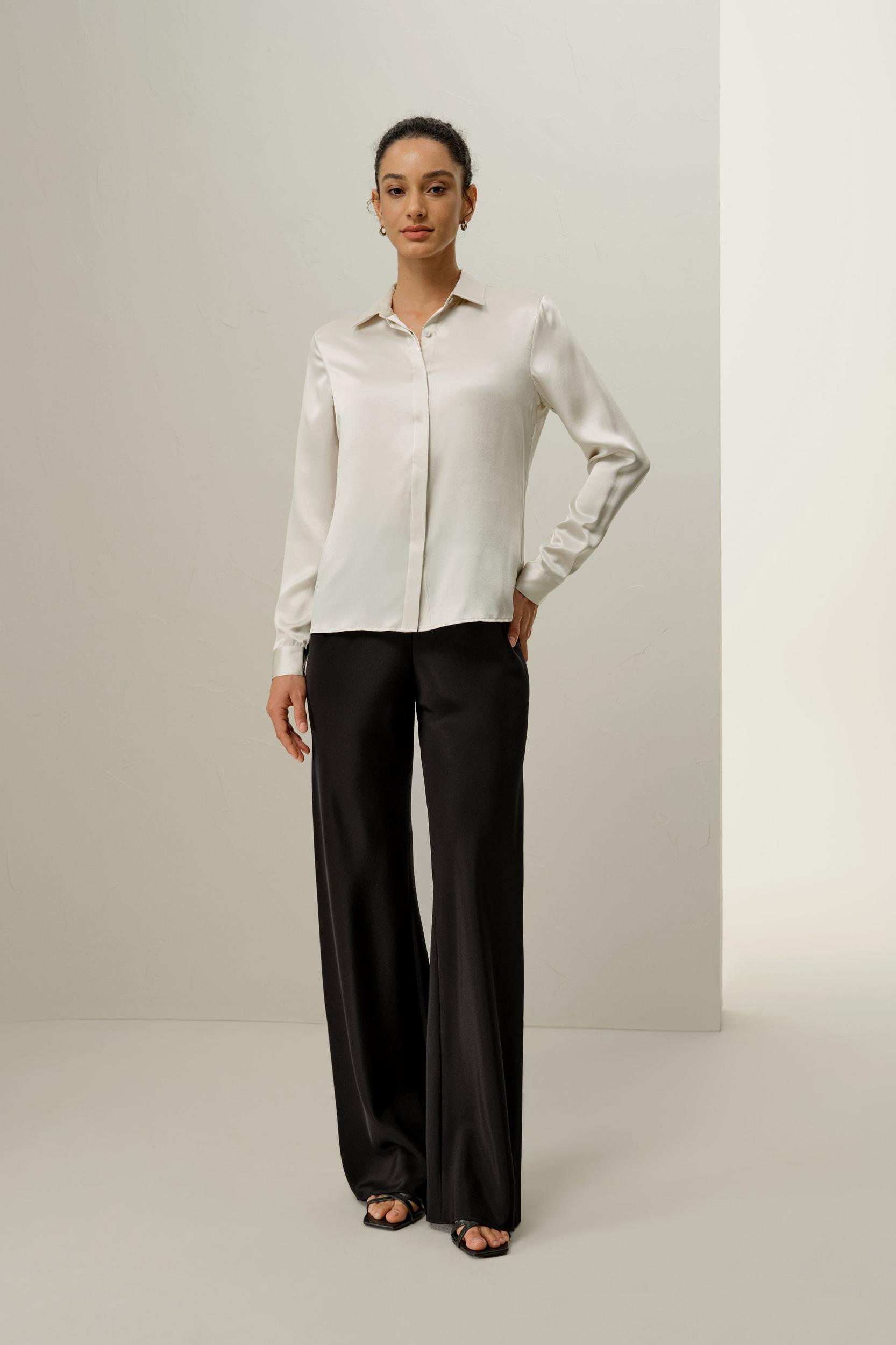 Basic Concealed Placket Silk Shirt Product Image