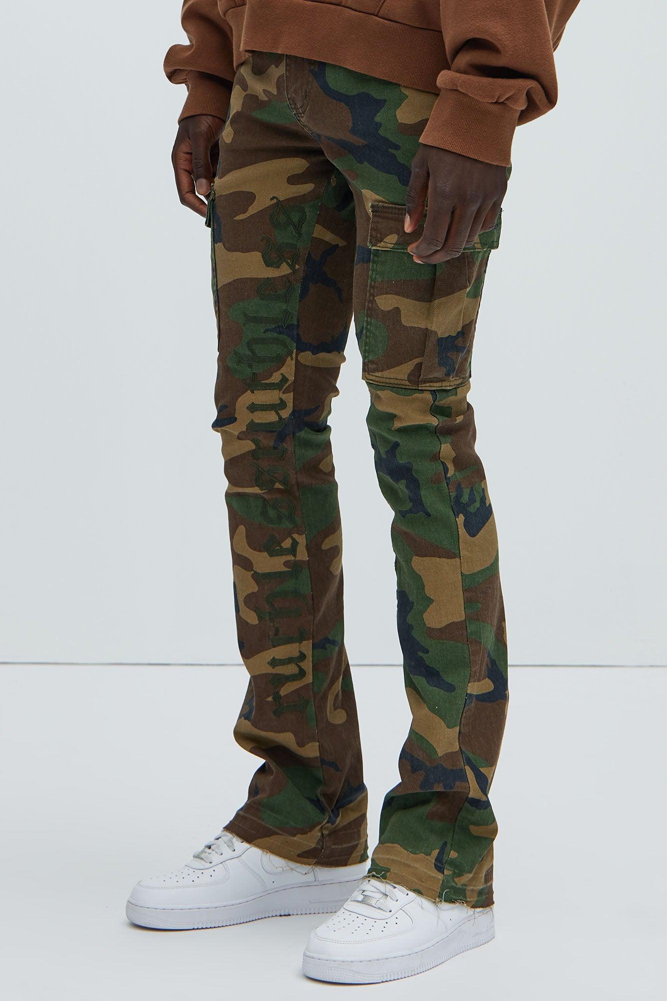 Ruthless Embroidered Stacked Skinny Cargo Flare Pants - Camouflage Product Image