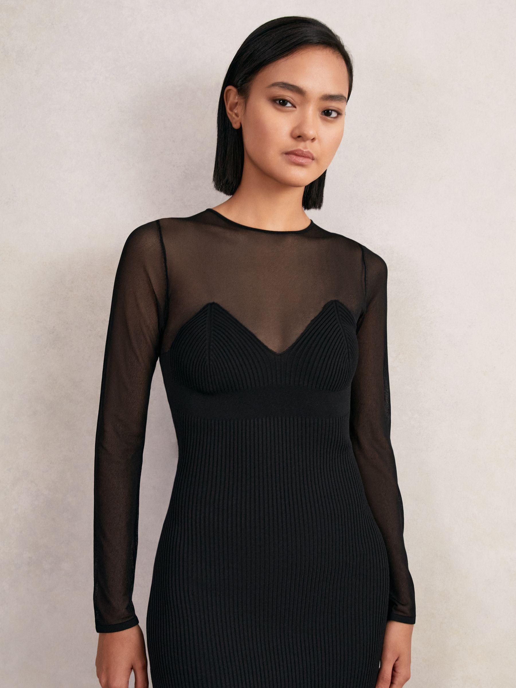 Mesh Rib-Knit Sweetheart Midi Dress in Black Product Image