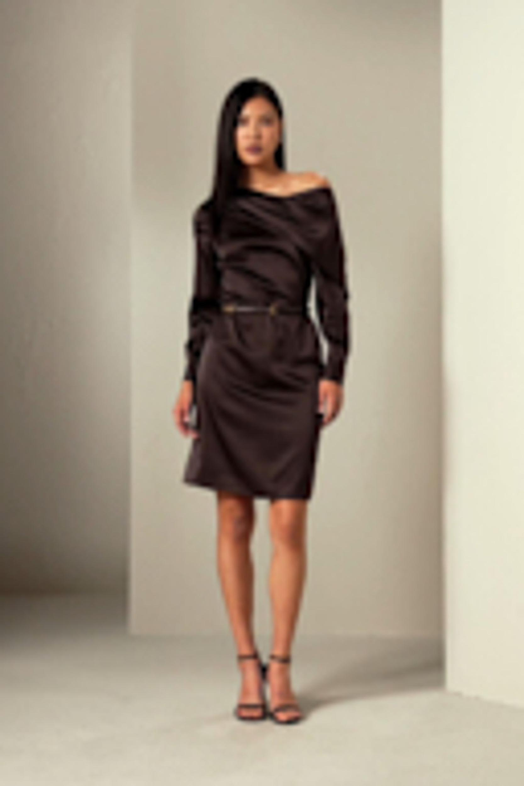 Off-Shoulder Ruched Midi Silk Dress Product Image