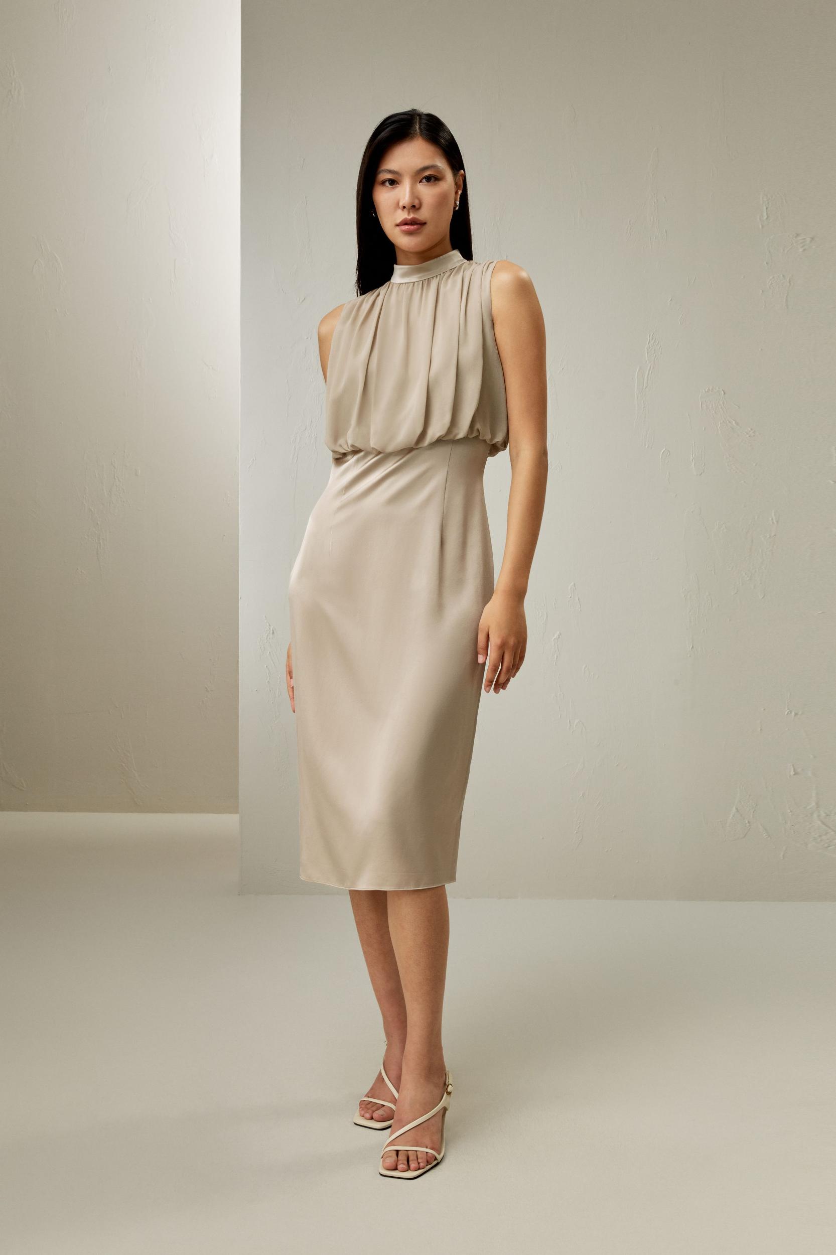 Pleated Sleeveless Midi Silk Dress Product Image