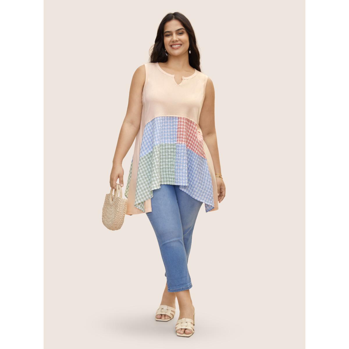 Plus Size Notched Collar Gingham Contrast Patchwork Tank Top Women Apricot Resort Contrast Notched collar Vacation Tank Tops Camis BloomChic 28/5X Product Image